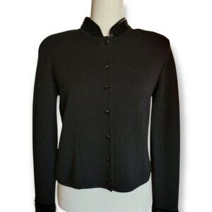 Dana Buchman wool Cardigan Sweater SZ Small black collar and sleeve Beading